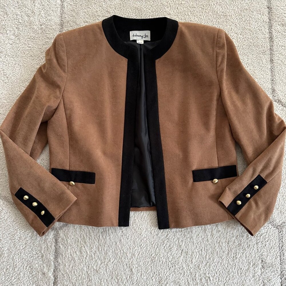 Henry Lee Vintage 70s Tan/Black Faux Suede Open Front Crop Jacket Size 8